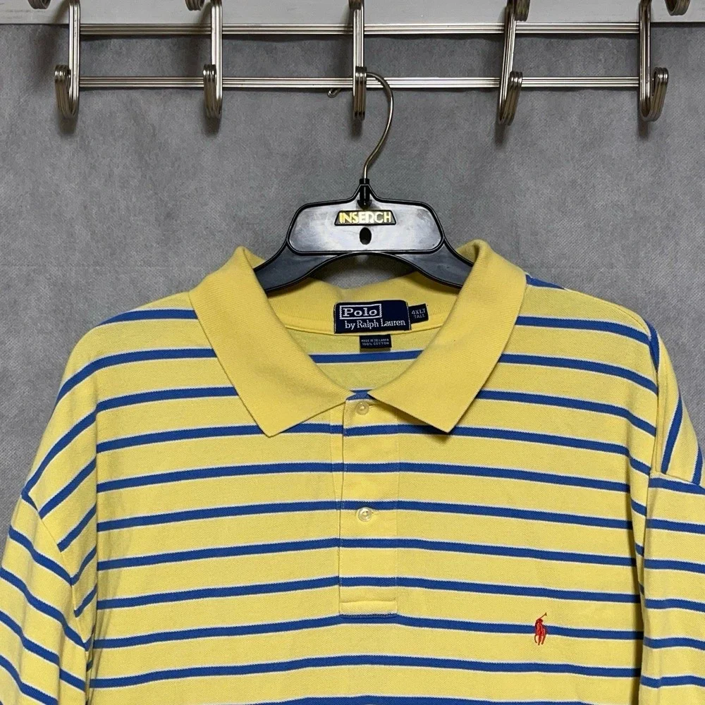 VTG Polo Ralph Lauren Polo Shirt Men 4XLT Yellow Striped Pique Casual Preppy Y2K